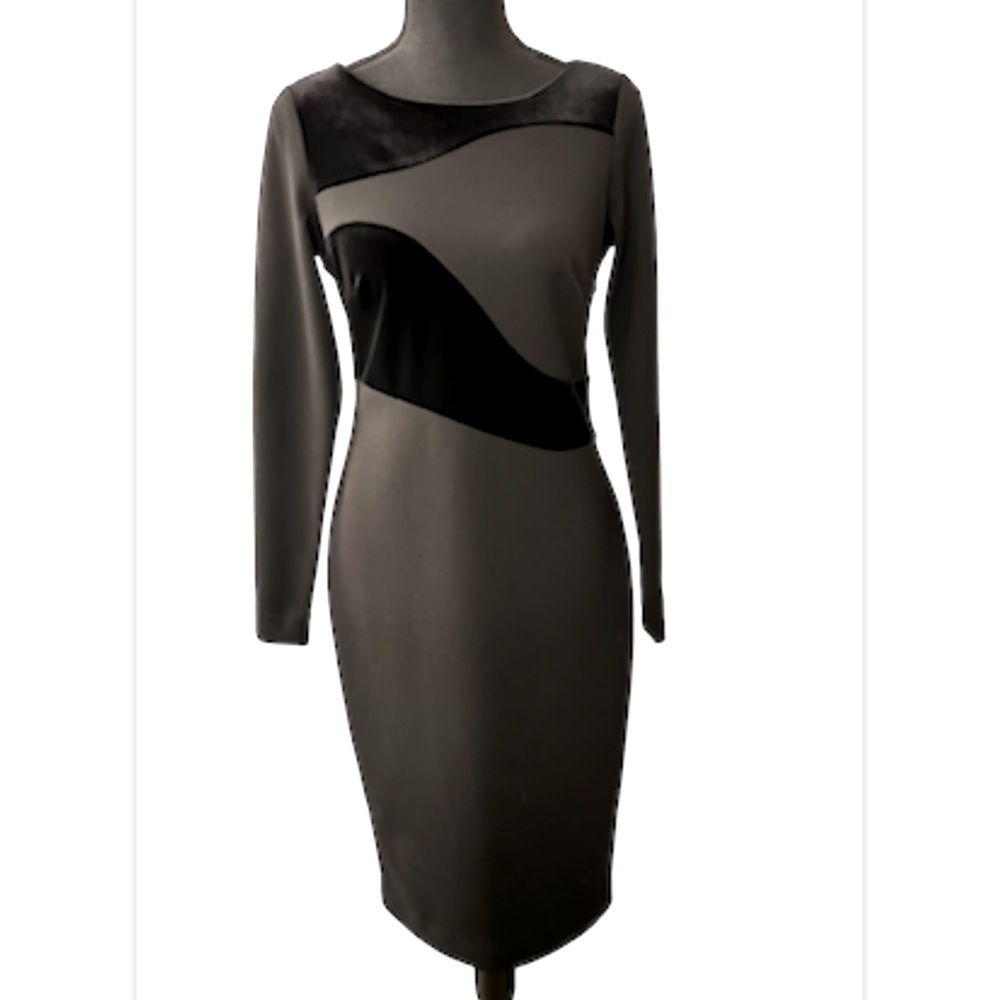 Calvin Klein Black Long Sleeve Sheath Dress with Velvet Insets